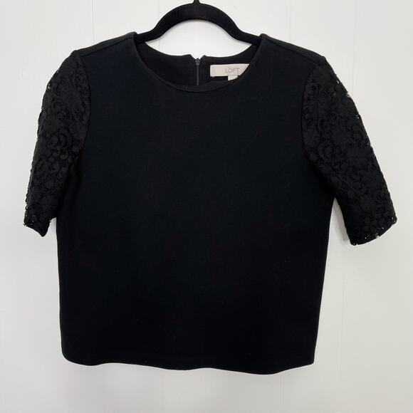 LOFT Lace Sleeve Boxy Fit Top Black Short Sleeve Small S Zip Back Cotton Blend - Picture 1 of 5